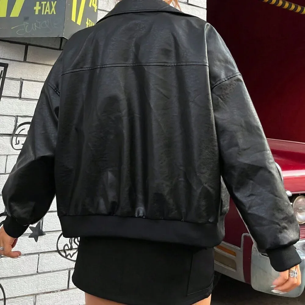 Black Casual Women's Drop Shoulder Zipper Patent Jacket